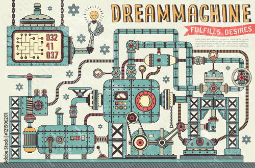 Fantastic steampunk machine in vintage style. Interweaving pipe units, pressure gauges, devices, components. Retro texture on a separate layer.