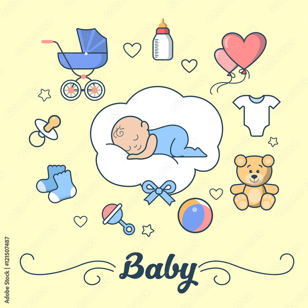 Linear Flat Boy sleep cloud Newborn Baby vector illustration. Stock
