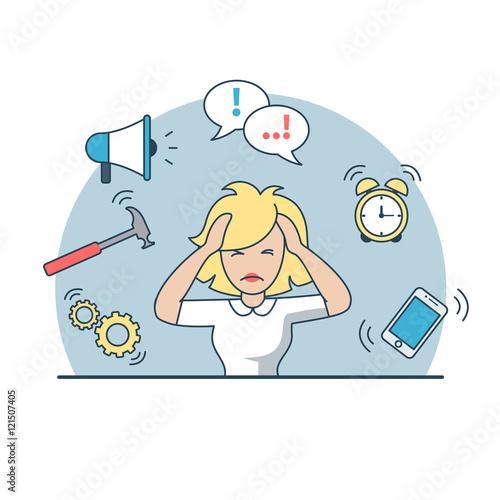 Linear Flat business woman deadline multitasking vector