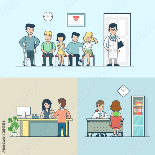 Linear Flat clinic doctor patient lag hand headache vector