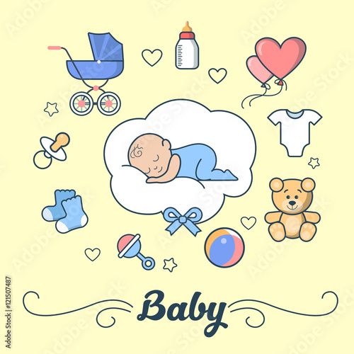 Linear Flat Boy sleep cloud Newborn Baby vector illustration.