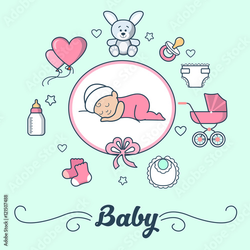 Linear Flat Girl sleep cloud Newborn Baby vector illustration.