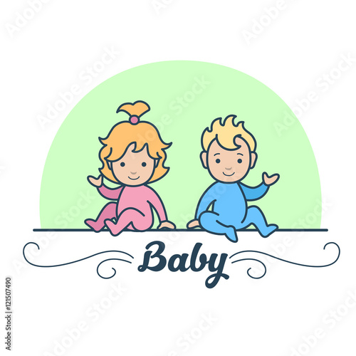 Linear Flat Boy and Girl Twins Newborn Baby vector illustration.