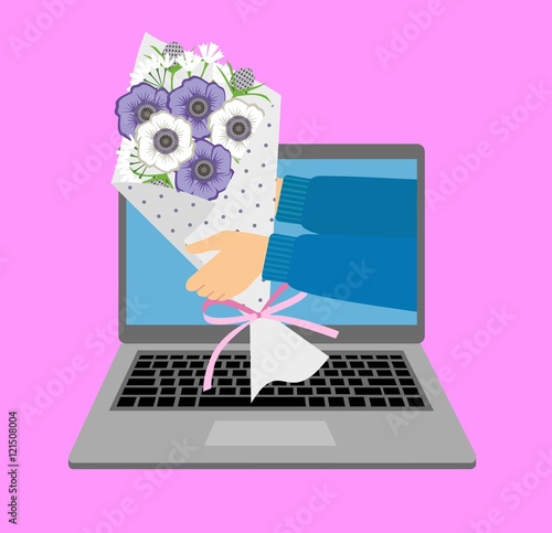 Thin line colorful vector illustration concept for online ordering and fast delivery of flowers isolated on bright background