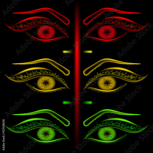 Mysterious female gaze. Traffic light network of red, yellow, green eyes.
