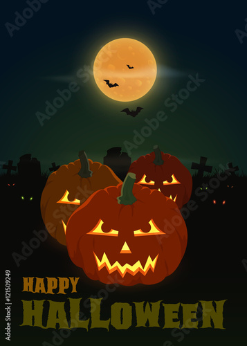 Halloween pumpkin on wooden planks. Cemetery grave stones on background.