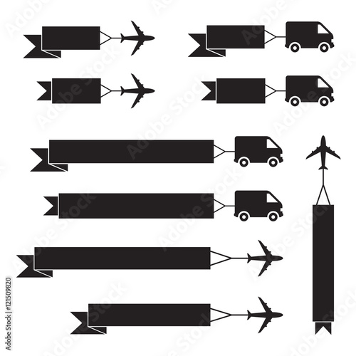 Car and flying plane with banner, icons set, black isolated on white background, vector illustration.