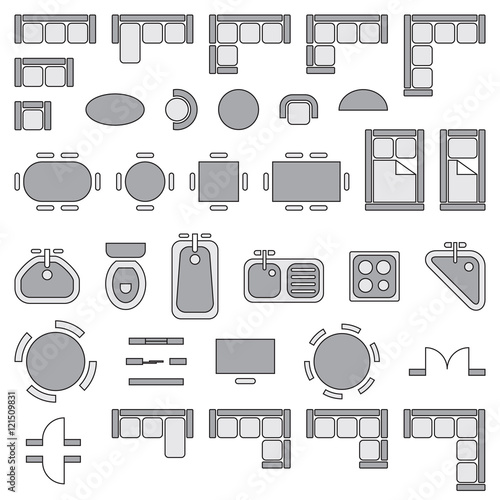 Standard furniture symbols used in architecture plans icons set, graphic design elements, gray isolated on white background, vector illustration.