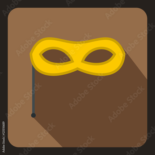 Yellow carnival mask on stick icon in flat style on a coffee background vector illustration