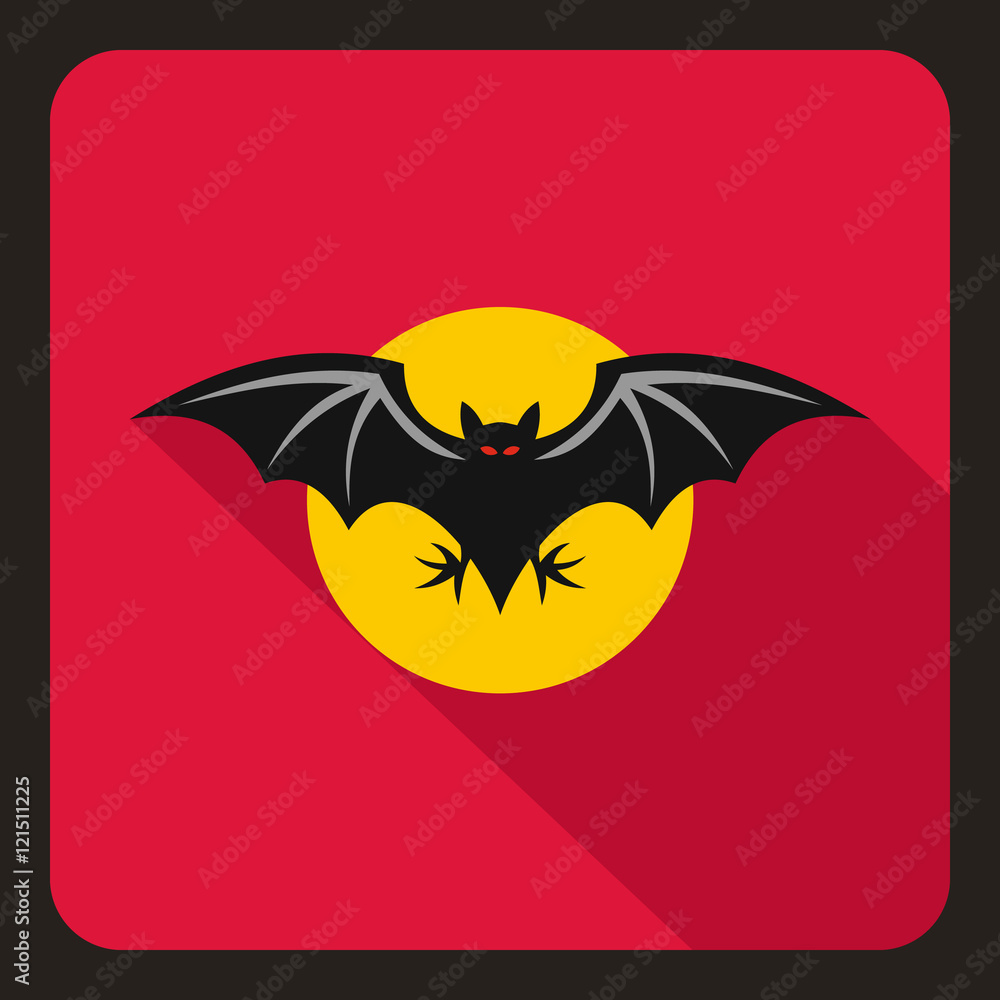 Bat and moon icon in flat style on a crimson background vector illustration