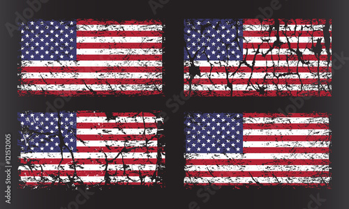 USA American grunge flag set, isolated on black background, vector illustration.
