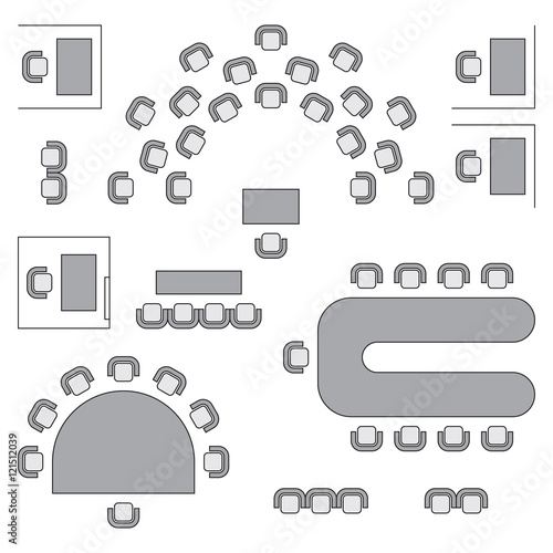 Business, education and government furniture symbols used in architecture plans icons set, top view, graphic design elements, grey isolated on white background, vector illustration.