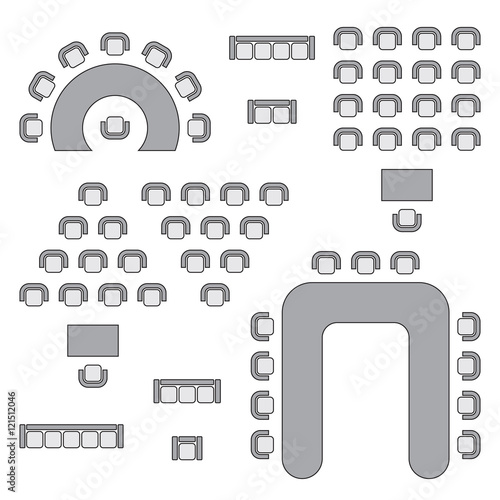 Business, education and government furniture symbols used in architecture plans icons set, top view, graphic design elements, grey isolated on white background, vector illustration.