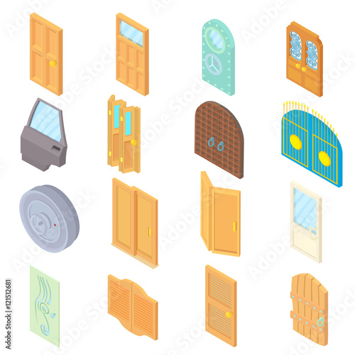 Door icons set in isometric 3d style. Doors to houses and buildings set collection vector illustration icons set in style.