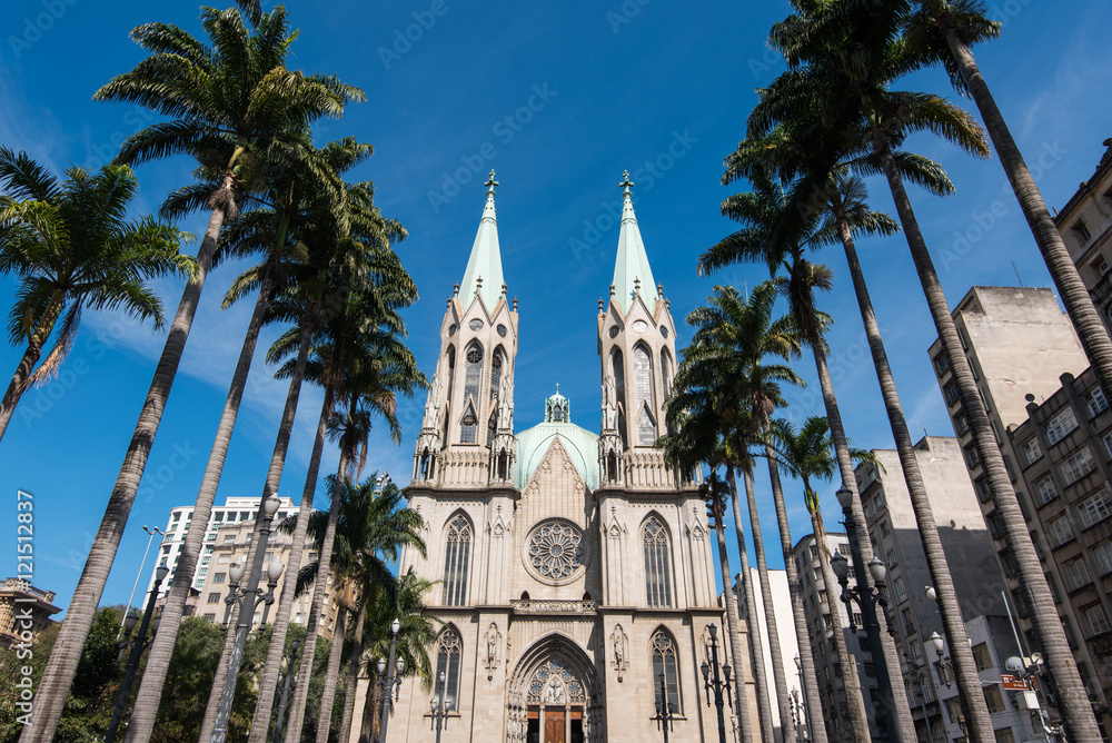 View of Se Cathedral Between Palm Trees in the Old Center of Sao Paulo City View of Se Cathedral Between Palm Trees in the Old Center of Sao Paulo City