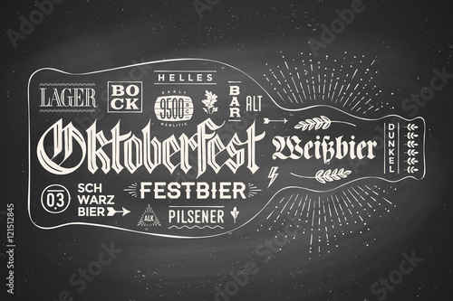 Bottle of beer with hand drawn lettering for Oktoberfest Beer Festival. Vintage drawing for bar menu, t-shirt print and beer themes. Isolated black bottle of beer with lettering. Vector Illustration