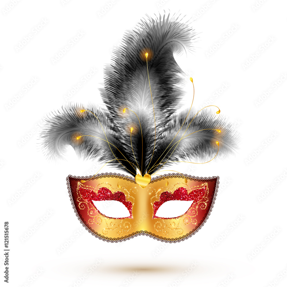 Golden carnival mask with black feathers