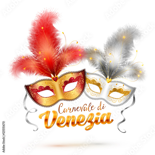 Carnevale di Venezia sign and two bright carnival masks with feathers