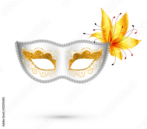 White vector carnival mask with yellow flower