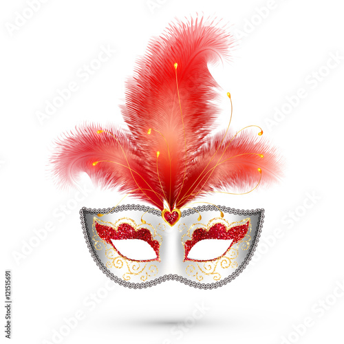 Silver carnival mask with red glitter decoration and realistic feathers