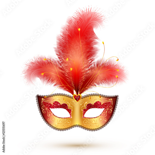 Golden carnival mask with red glitter decoration and realistic feathers