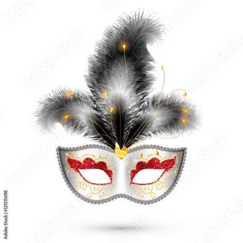 White carnival mask with red glitter eyes and black feathers