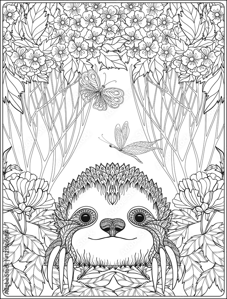 Naklejka Coloring page with lovely sloth in forest. - leniwiec, barwienia,  dorosły, fototapety | Foteks