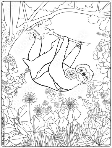 Coloring page with lovely sloth in forest.