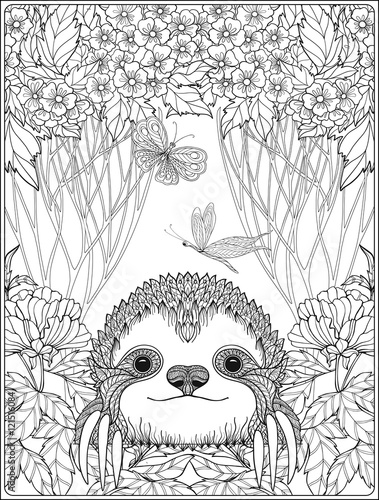 Coloring page with lovely sloth in forest.