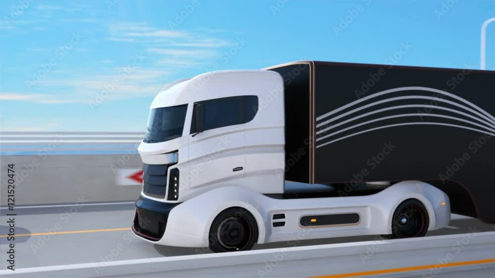 White truck passing a black SUV on the highway. 3D rendering animation. White truck passing a black SUV on the highway. 3D rendering animation.