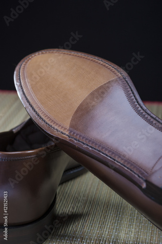 Footwear Concepts. Backside View of Penny Loafer Natural Leather Sole Closeup