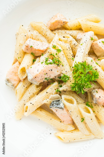 Penne carbonara pasta with salmon