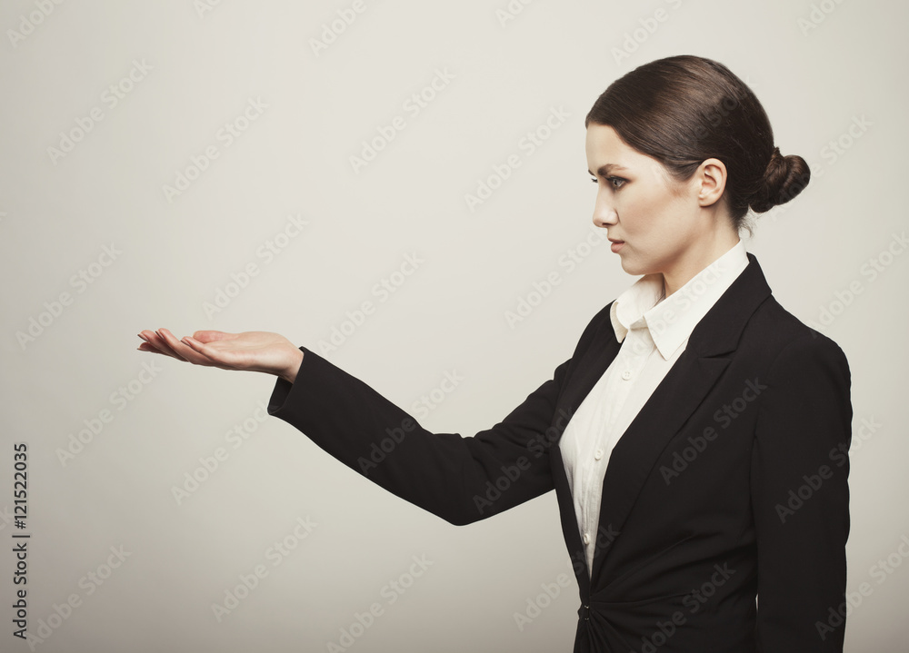 Happy successful business woman with hand isolated Happy successful business woman with hand isolated