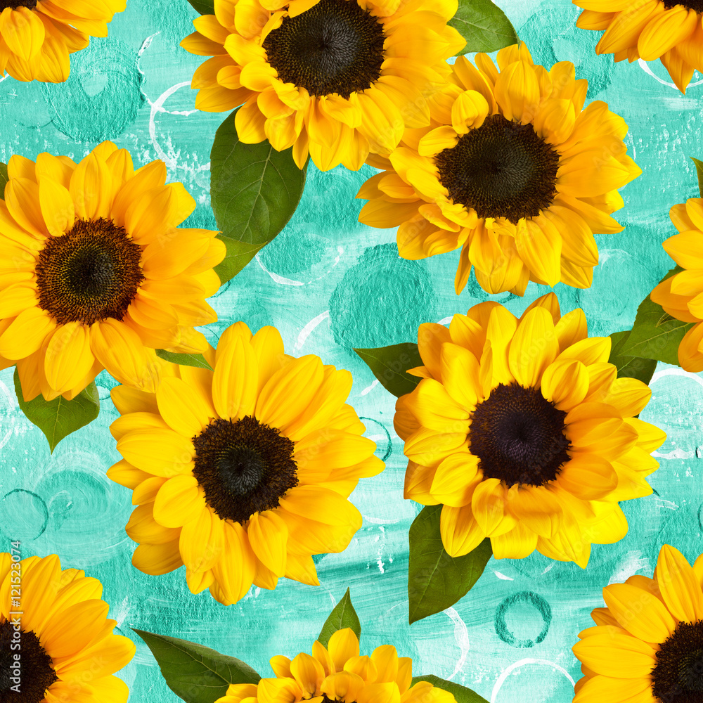 Naklejka premium Retro seamless pattern with photo sunflowers on watercolor teal 