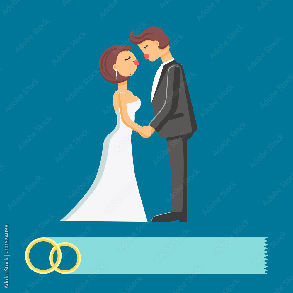 Wedding couple vector flat illustration isolated on the blue background.