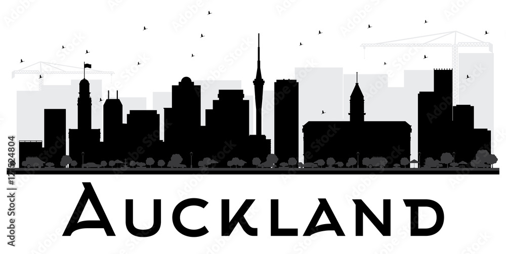 Auckland City skyline black and white silhouette.