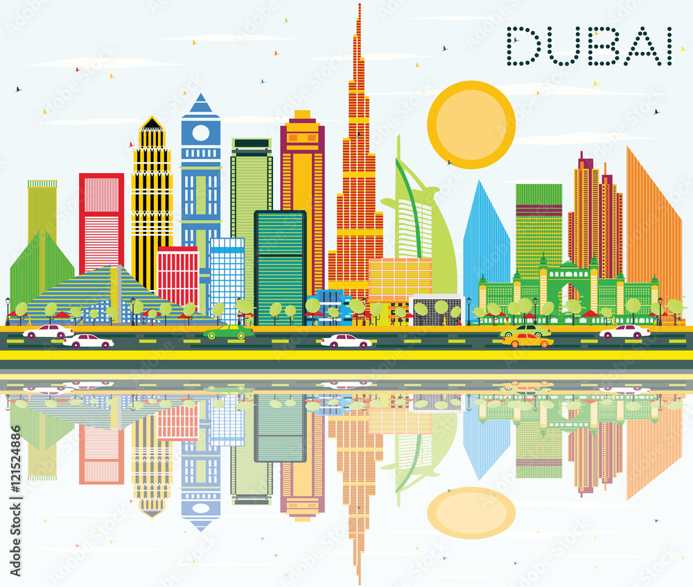 Dubai Skyline with Color Buildings, Blue Sky and Reflection.