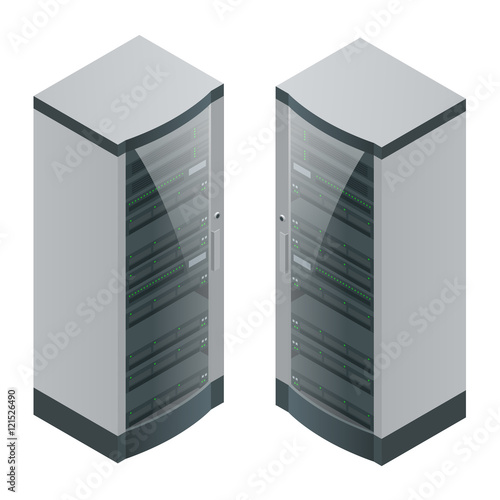 Isometric Modern web network and internet telecommunication technology, big data storage and cloud computing computer service