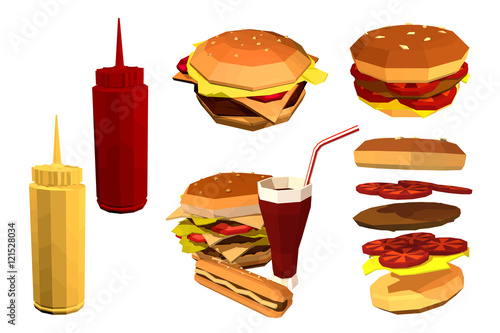 Vector Low poly fast food on a white background. Set of fast foo