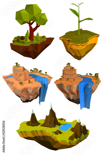 Vector set of colored flying islands with trees, mountains and w