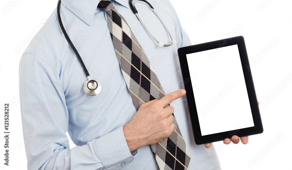 Doctor holding tablet with copy space and clipping path for the Doctor holding tablet with copy space and clipping path for the