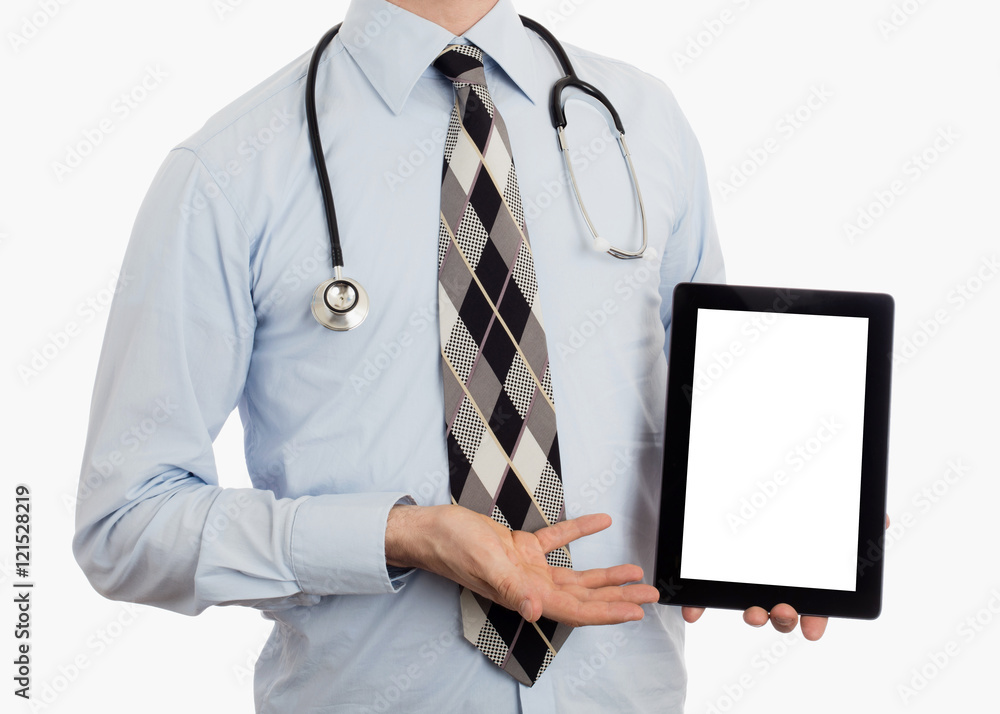 Doctor holding tablet with copy space and clipping path for the Doctor holding tablet with copy space and clipping path for the