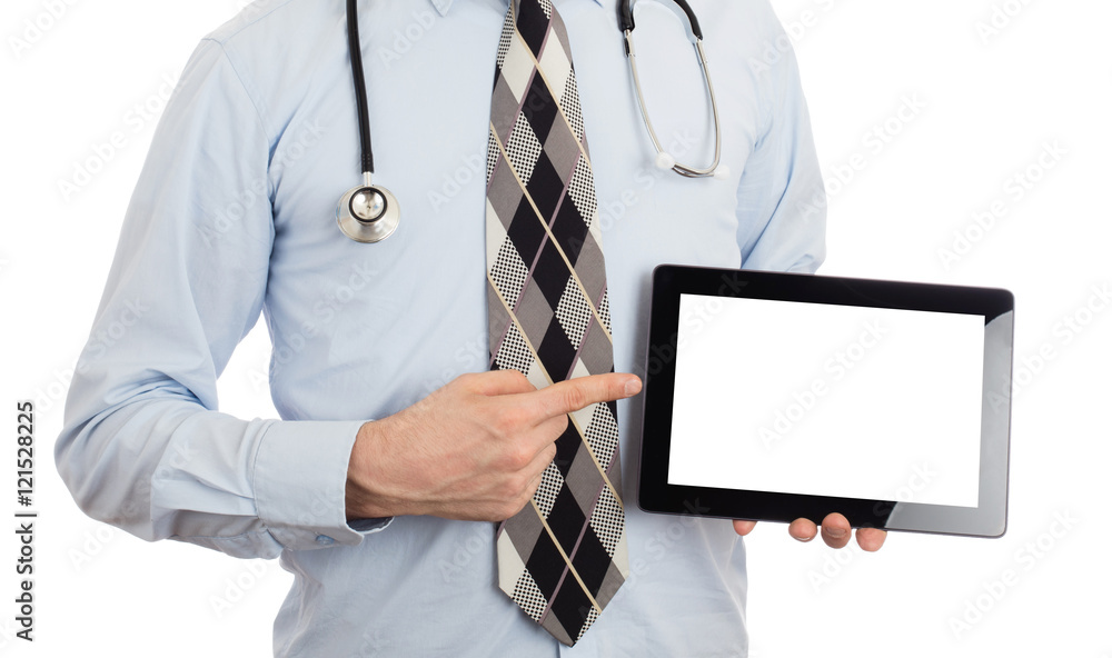 Doctor holding tablet with copy space and clipping path for the Doctor holding tablet with copy space and clipping path for the
