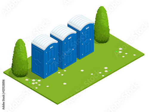 Isometric Bio mobile toilets on grass. Blue bio toilet in park. Hiking services. Flat color style illustration icon Bio toilet. Bio toilet concept. Street bio toilet.