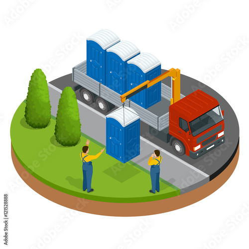 Delivery or shipping bio toilet cabins. Blue bio toilet in city. Hiking services. Flat color style vector illustration icon.