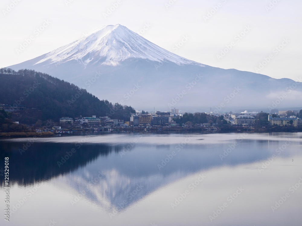 Mount Fuji in a foggy morning. Lake Kawaguchi. Yamanashi Prefecture. Fuji Five Lakes. Japan. 