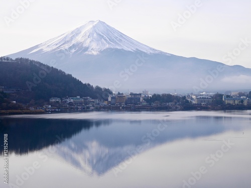 Mount Fuji in a foggy morning. Lake Kawaguchi. Yamanashi Prefecture. Fuji Five Lakes. Japan. 