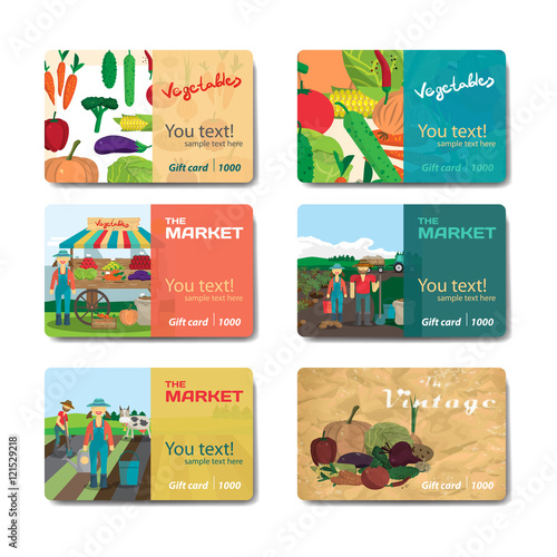Store fruits and vegetables. Set of sale discount gift card. Bra
