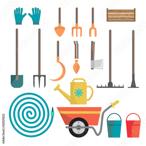 Set of various gardening items. Garden tools. Flat design illust