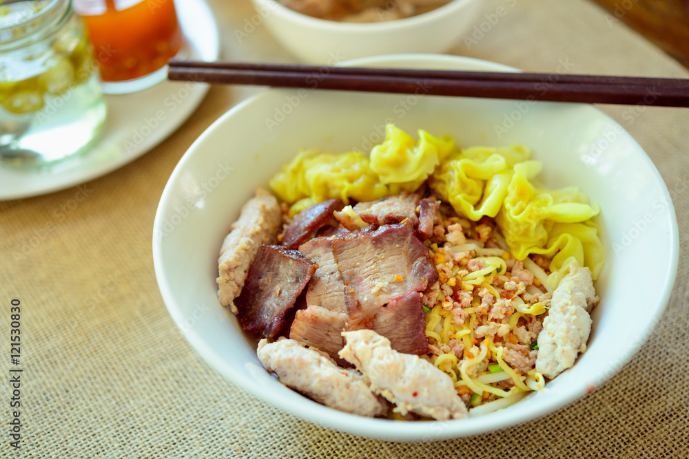 Noodles pork dumplings,spicy soup thai style Noodles pork dumplings,spicy soup thai style